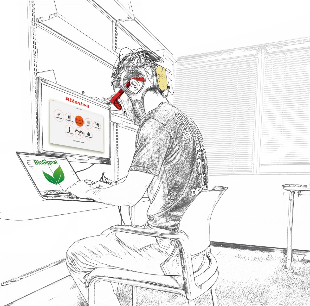 Figure 4. Participant during the session, while wearing Enobio headset, AttentivU headset, using BioSignal recorder software.